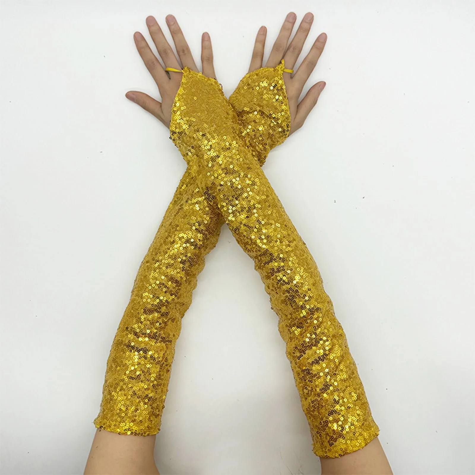Womens Long Golden Sequins Gloves New Fingerless 50cm Nightclub Festical Rave Glove Sexy Mittens Cosplay Dance Stage Accessories