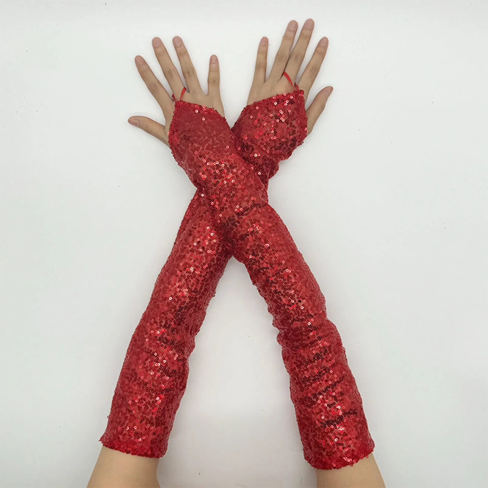 Womens Long Golden Sequins Gloves New Fingerless 50cm Nightclub Festical Rave Glove Sexy Mittens Cosplay Dance Stage Accessories