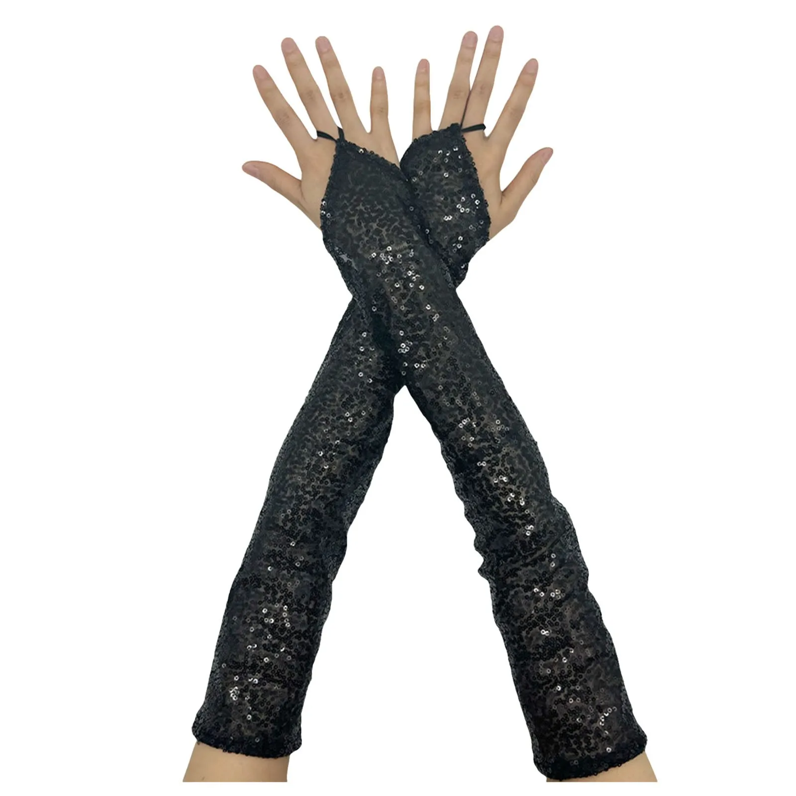 Womens Long Golden Sequins Gloves New Fingerless 50cm Nightclub Festical Rave Glove Sexy Mittens Cosplay Dance Stage Accessories
