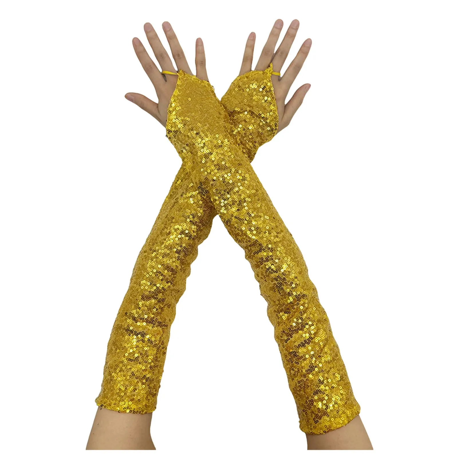 Womens Long Golden Sequins Gloves New Fingerless 50cm Nightclub Festical Rave Glove Sexy Mittens Cosplay Dance Stage Accessories