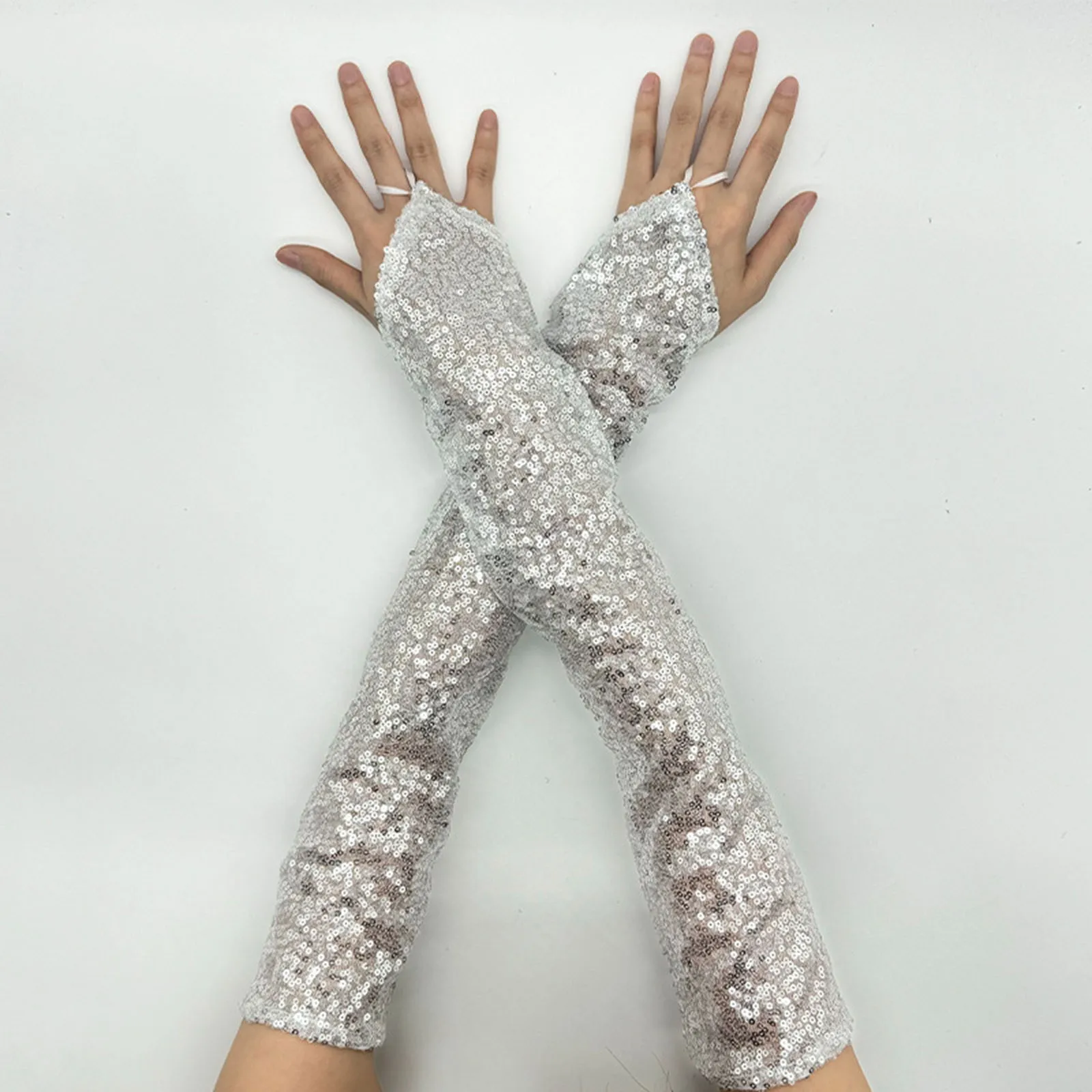 Womens Long Golden Sequins Gloves New Fingerless 50cm Nightclub Festical Rave Glove Sexy Mittens Cosplay Dance Stage Accessories