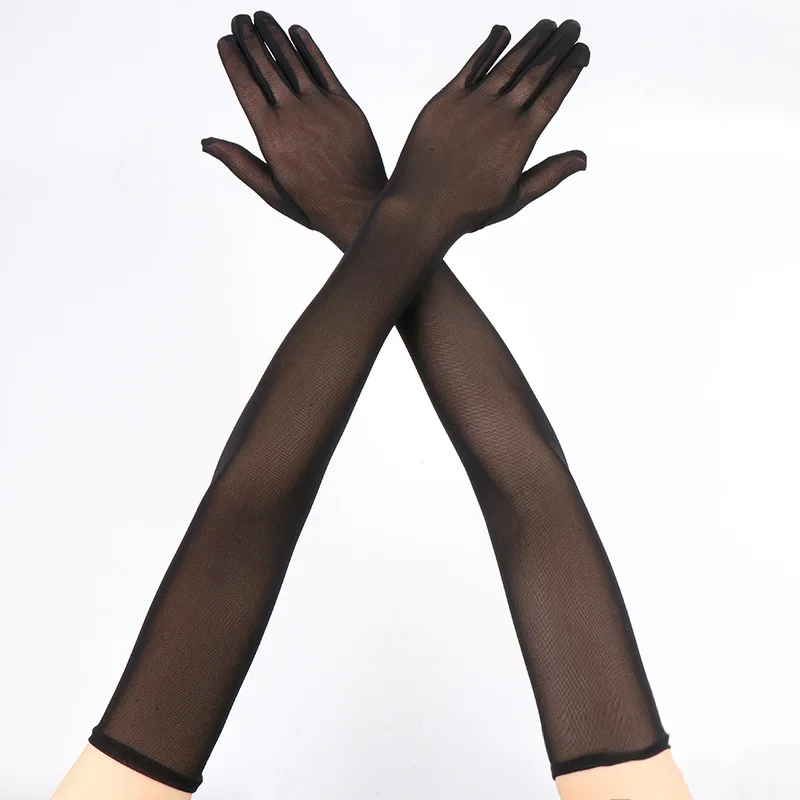 55cm Women Long Sexy Mesh Transparent Sparkling Skull Hot Drill Fashion Gloves Music Festival Party Opera Stage Performance