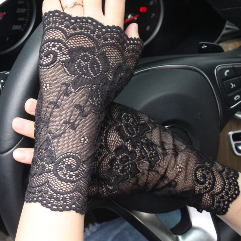 New Fashion for Women Short Lace Flowers Mesh Fingerless Gloves Scar-covering Sun-proof Arm Sleeves Lace False Sleeves