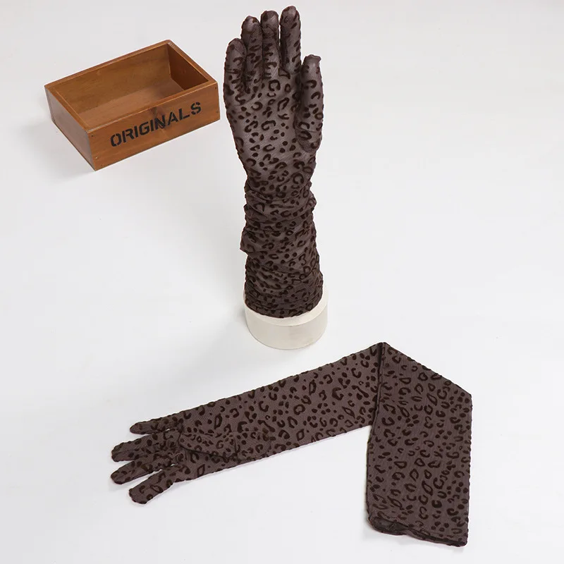 55cm Long Leopard Print Mesh Gloves Women Sexy Lace Fashion Personality Halloween Cosplay Drama Stage Performance