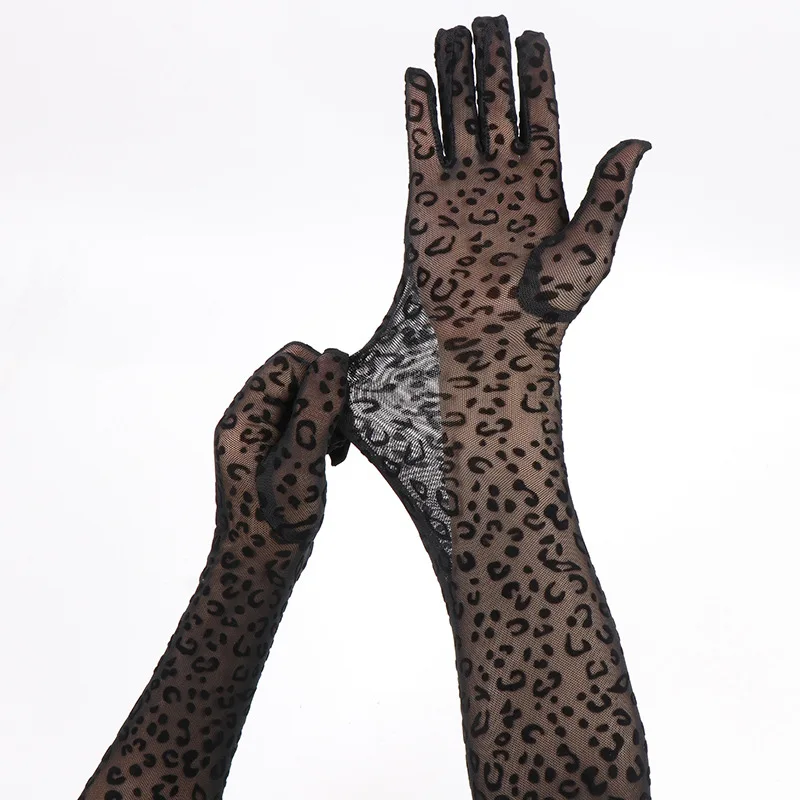 55cm Long Leopard Print Mesh Gloves Women Sexy Lace Fashion Personality Halloween Cosplay Drama Stage Performance