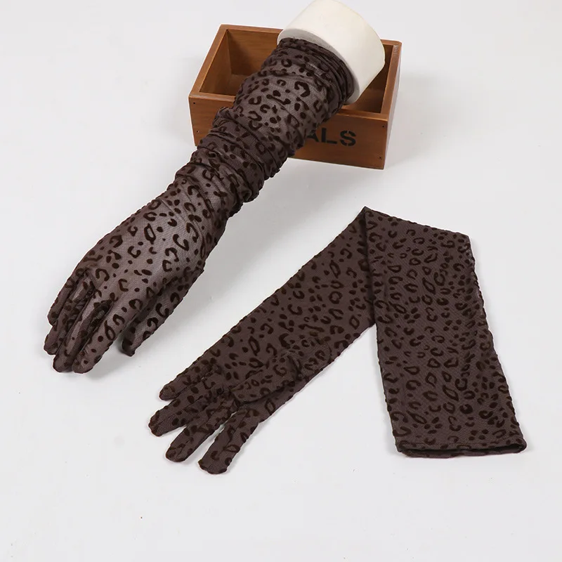 55cm Long Leopard Print Mesh Gloves Women Sexy Lace Fashion Personality Halloween Cosplay Drama Stage Performance