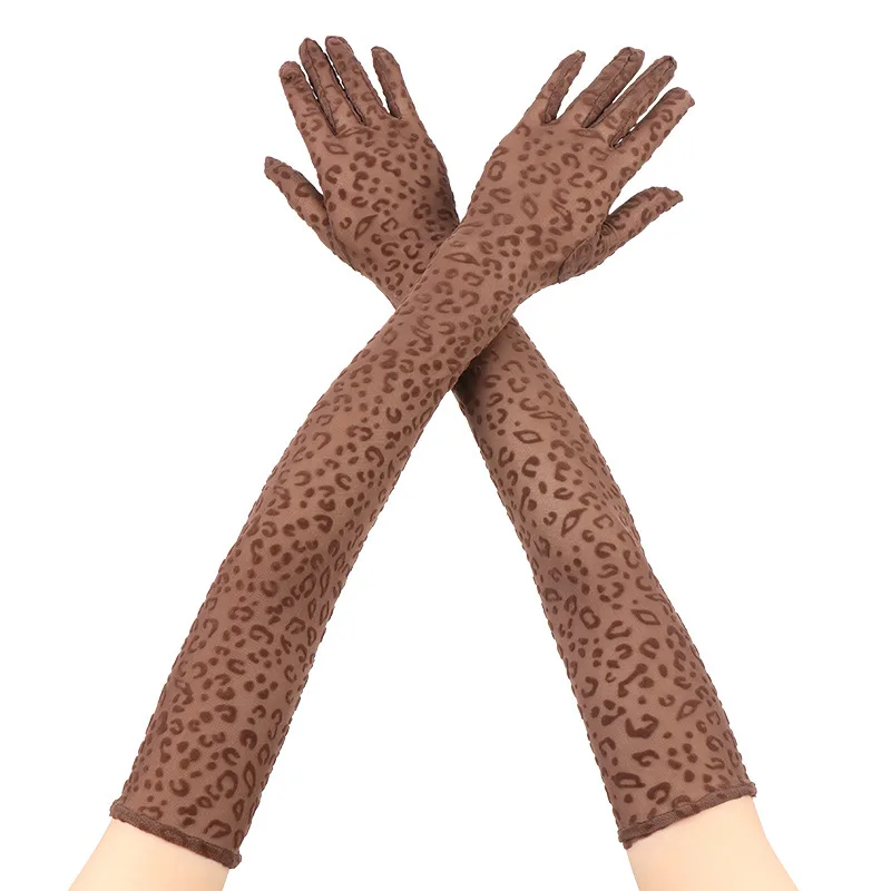 55cm Long Leopard Print Mesh Gloves Women Sexy Lace Fashion Personality Halloween Cosplay Drama Stage Performance