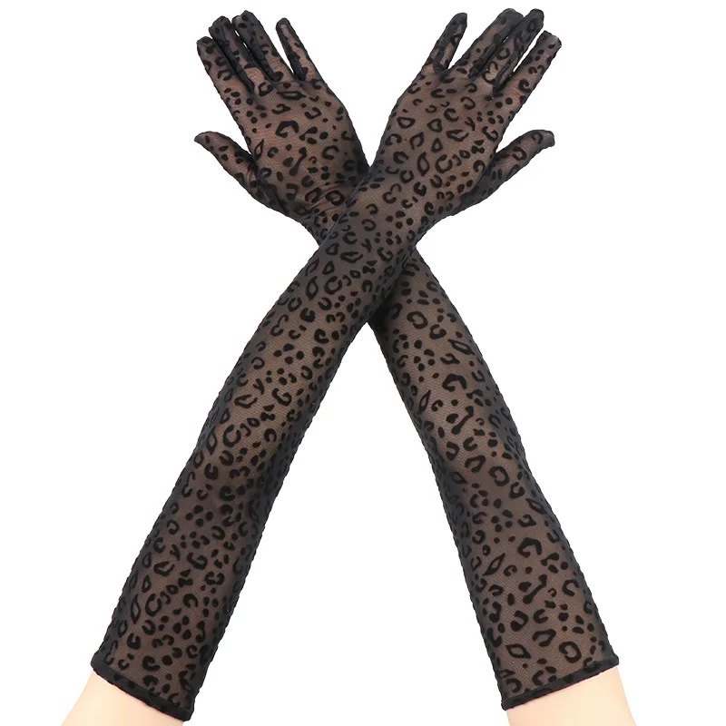 55cm Long Leopard Print Mesh Gloves Women Sexy Lace Fashion Personality Halloween Cosplay Drama Stage Performance