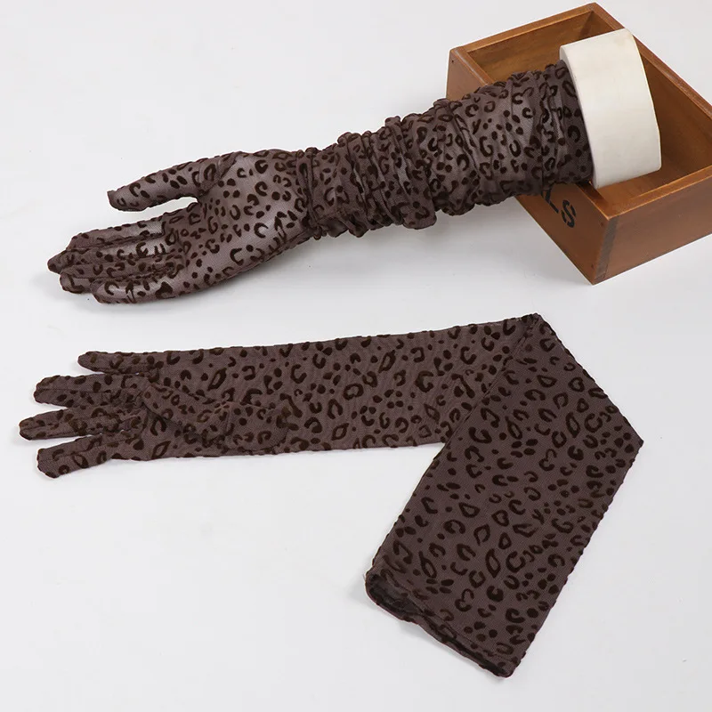 55cm Long Leopard Print Mesh Gloves Women Sexy Lace Fashion Personality Halloween Cosplay Drama Stage Performance