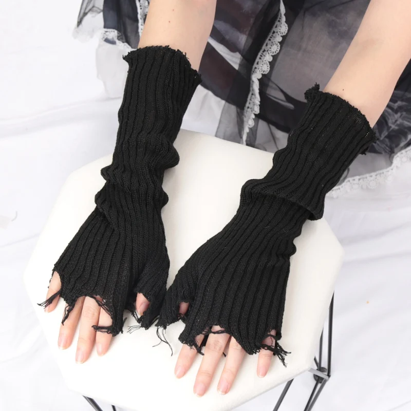 1Pair Punk Broken Unisex Gloves Knitted Ripped Oversleeves Warm Arm Sleeve Tattered Fingerless Cuff Glove Elbow Rock Mittens