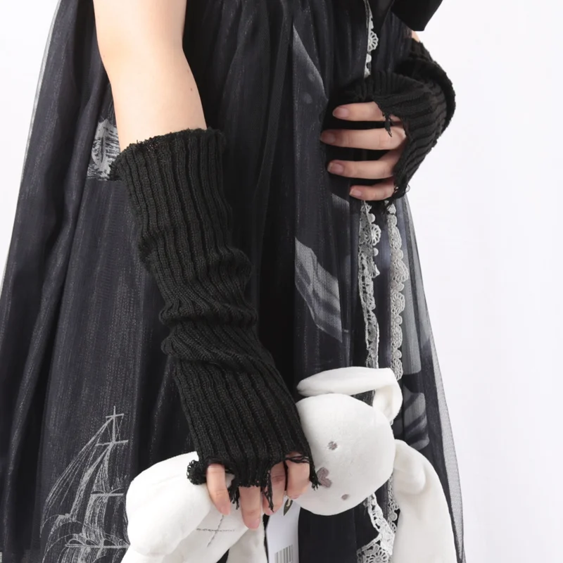 1Pair Punk Broken Unisex Gloves Knitted Ripped Oversleeves Warm Arm Sleeve Tattered Fingerless Cuff Glove Elbow Rock Mittens