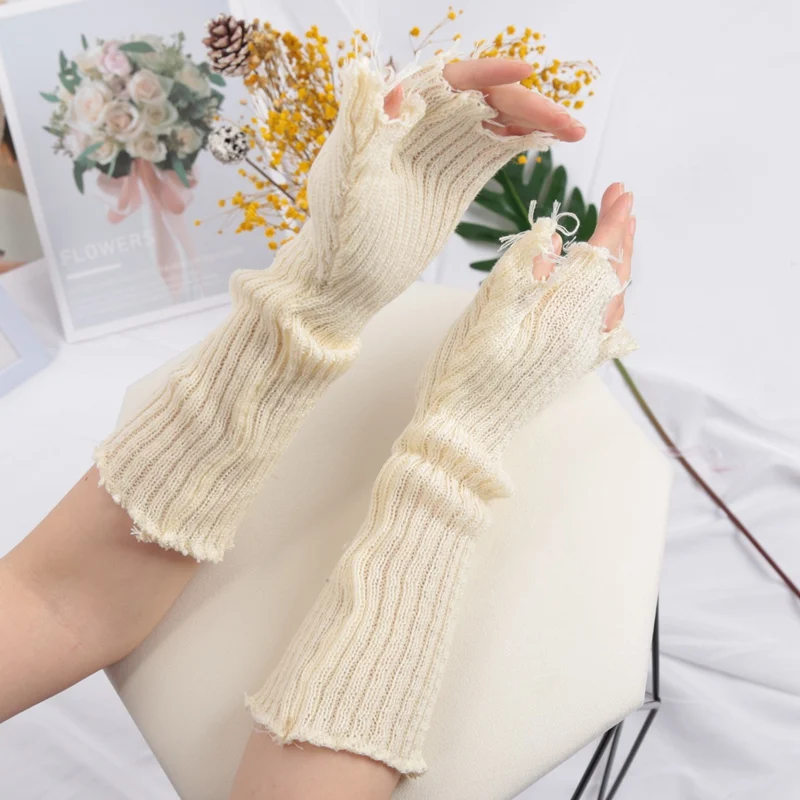 1Pair Punk Broken Unisex Gloves Knitted Ripped Oversleeves Warm Arm Sleeve Tattered Fingerless Cuff Glove Elbow Rock Mittens