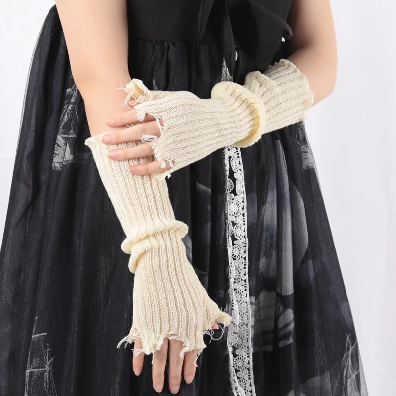 1Pair Punk Broken Unisex Gloves Knitted Ripped Oversleeves Warm Arm Sleeve Tattered Fingerless Cuff Glove Elbow Rock Mittens