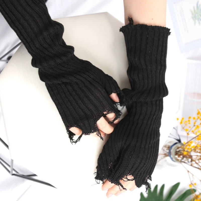 1Pair Punk Broken Unisex Gloves Knitted Ripped Oversleeves Warm Arm Sleeve Tattered Fingerless Cuff Glove Elbow Rock Mittens