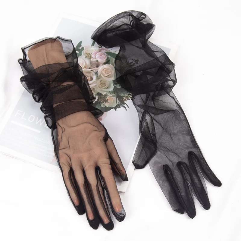 Women's Sexy Transparent Gloves Long Tulle Gloves Ultra Thin Full Finger Mittens Mesh Elbow Wedding Bride Sheer Sunscreen Glove