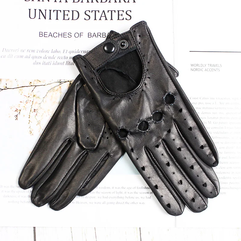 Summer Driving Leather Driver Gloves Women's Fashion New Thin Unlined Black Sheepskin All Finger Motorcycle Riding Gloves