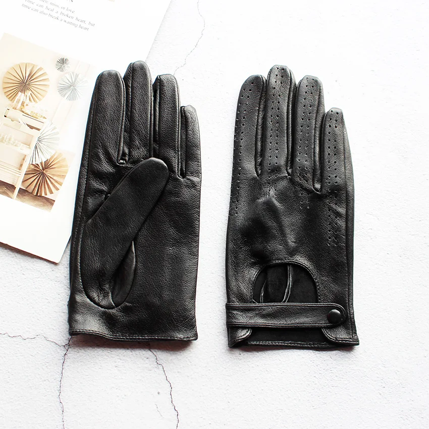 Summer Driving Leather Driver Gloves Women's Fashion New Thin Unlined Black Sheepskin All Finger Motorcycle Riding Gloves