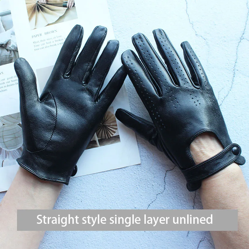 Summer Driving Leather Driver Gloves Women's Fashion New Thin Unlined Black Sheepskin All Finger Motorcycle Riding Gloves