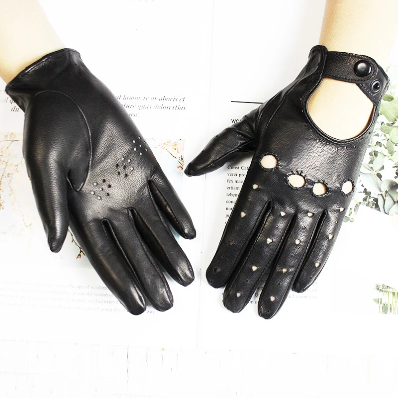 Summer Driving Leather Driver Gloves Women's Fashion New Thin Unlined Black Sheepskin All Finger Motorcycle Riding Gloves