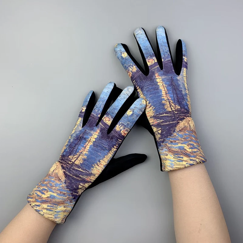 Creativity Van Gogh Oil Painting Gloves Winter Cycling Drive Thicken Women Fashion Print Full Finger Touch Screen Warm Mittens