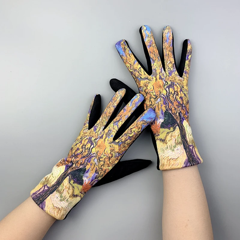 Creativity Van Gogh Oil Painting Gloves Winter Cycling Drive Thicken Women Fashion Print Full Finger Touch Screen Warm Mittens
