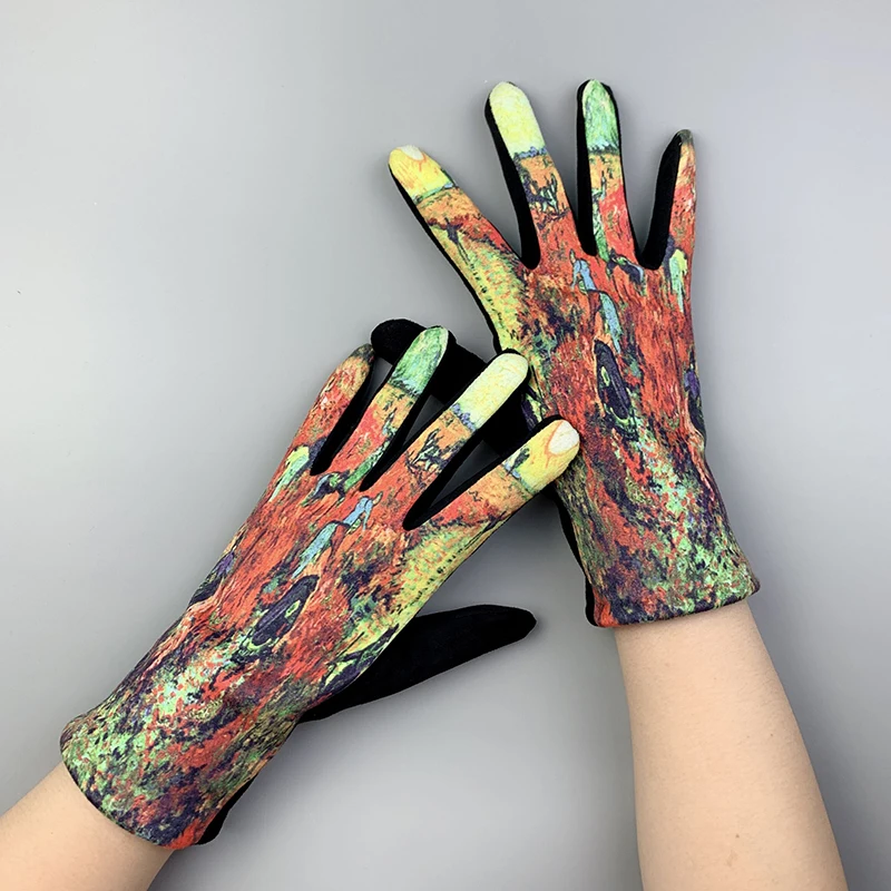 Creativity Van Gogh Oil Painting Gloves Winter Cycling Drive Thicken Women Fashion Print Full Finger Touch Screen Warm Mittens