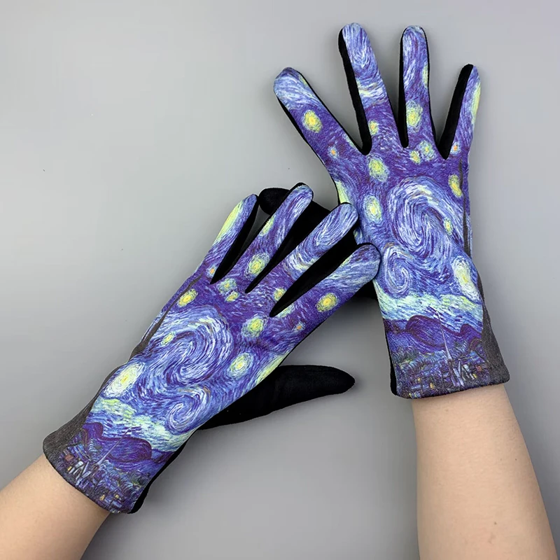 Creativity Van Gogh Oil Painting Gloves Winter Cycling Drive Thicken Women Fashion Print Full Finger Touch Screen Warm Mittens
