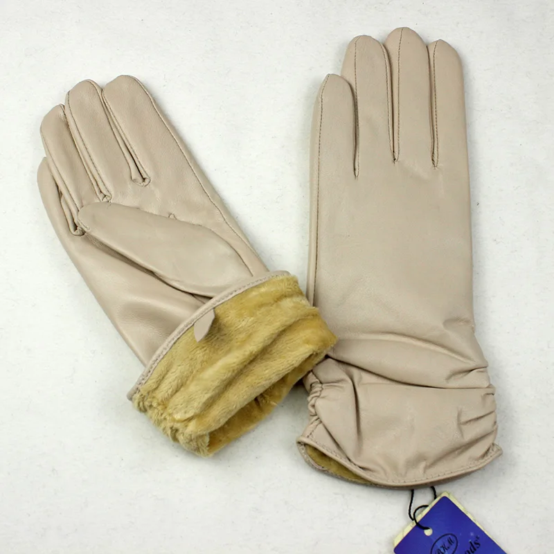 Sheepskin Leather Gloves Women's Fashion Elastic Style Velvet Lining to Keep Warm in Autumn and Winter Retro Color Points