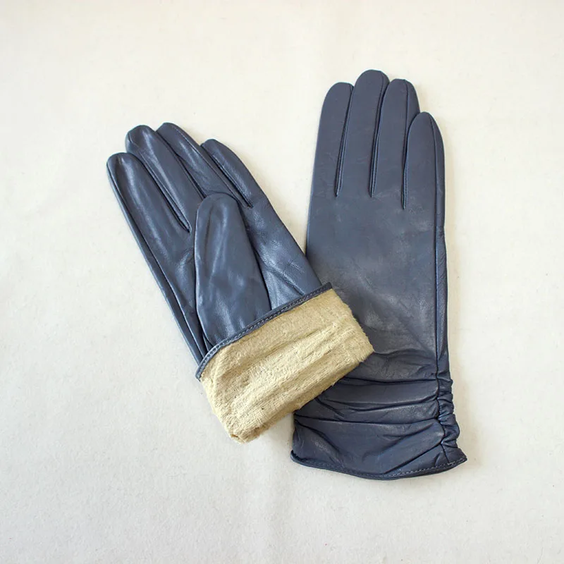 Sheepskin Leather Gloves Women's Fashion Elastic Style Velvet Lining to Keep Warm in Autumn and Winter Retro Color Points