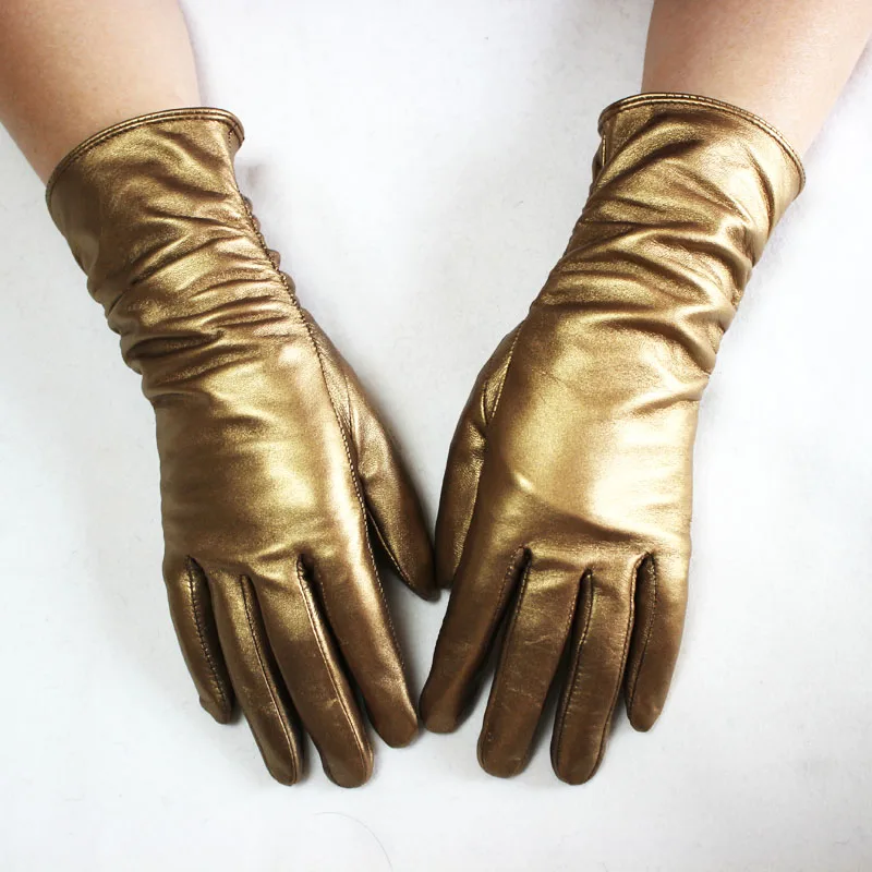 Sheepskin Leather Gloves Women's Fashion Elastic Style Velvet Lining to Keep Warm in Autumn and Winter Retro Color Points