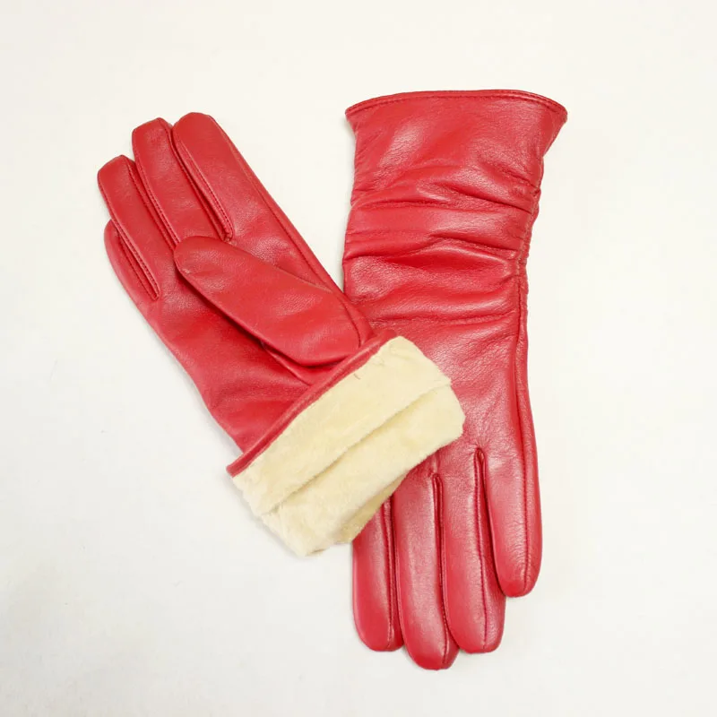 Sheepskin Leather Gloves Women's Fashion Elastic Style Velvet Lining to Keep Warm in Autumn and Winter Retro Color Points