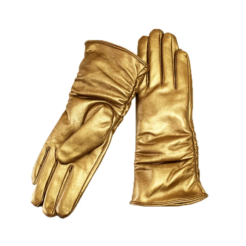 Sheepskin Leather Gloves Women's Fashion Elastic Style Velvet Lining to Keep Warm in Autumn and Winter Retro Color Points