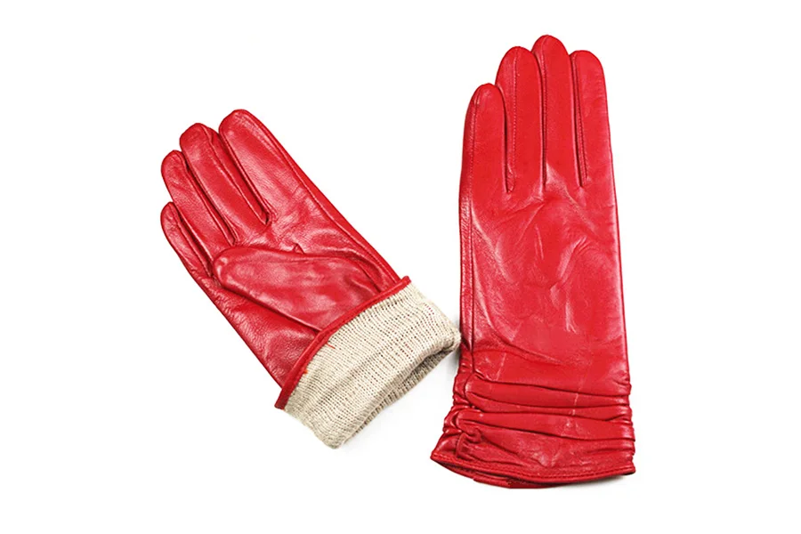 Sheepskin Leather Gloves Women's Fashion Elastic Style Velvet Lining to Keep Warm in Autumn and Winter Retro Color Points