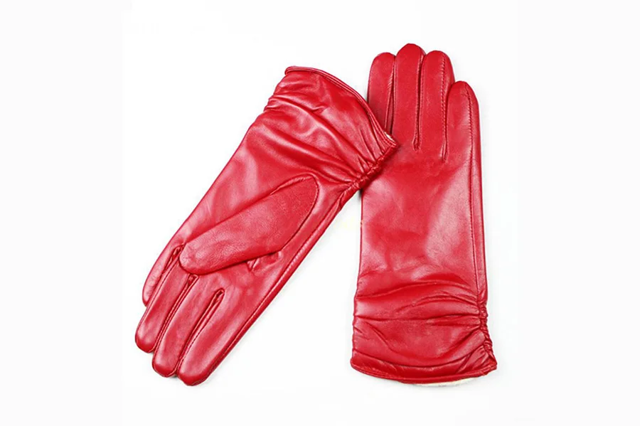 Sheepskin Leather Gloves Women's Fashion Elastic Style Velvet Lining to Keep Warm in Autumn and Winter Retro Color Points