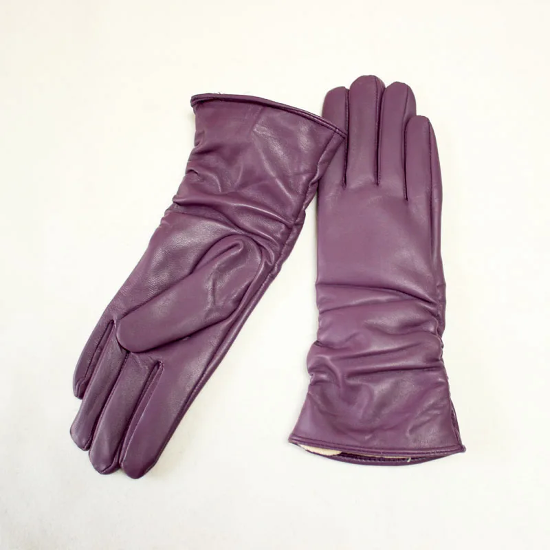 Sheepskin Leather Gloves Women's Fashion Elastic Style Velvet Lining to Keep Warm in Autumn and Winter Retro Color Points
