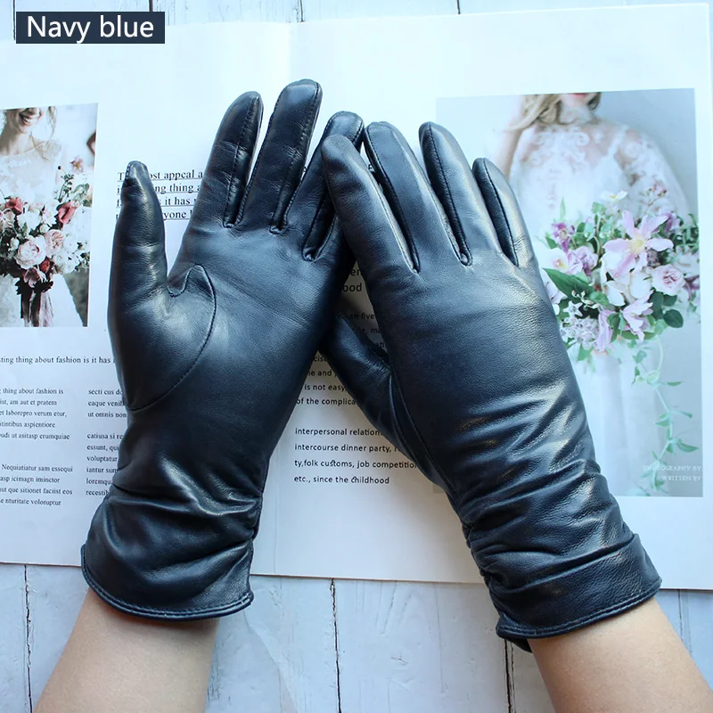 Sheepskin Leather Gloves Women's Fashion Elastic Style Velvet Lining to Keep Warm in Autumn and Winter Retro Color Points