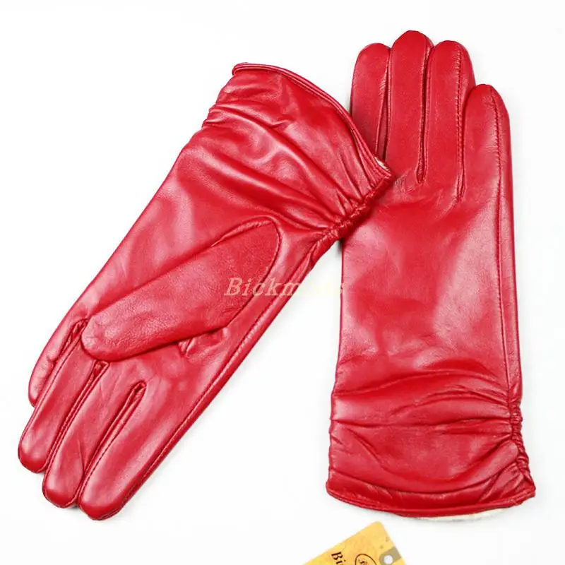 Sheepskin Leather Gloves Women's Fashion Elastic Style Velvet Lining to Keep Warm in Autumn and Winter Retro Color Points