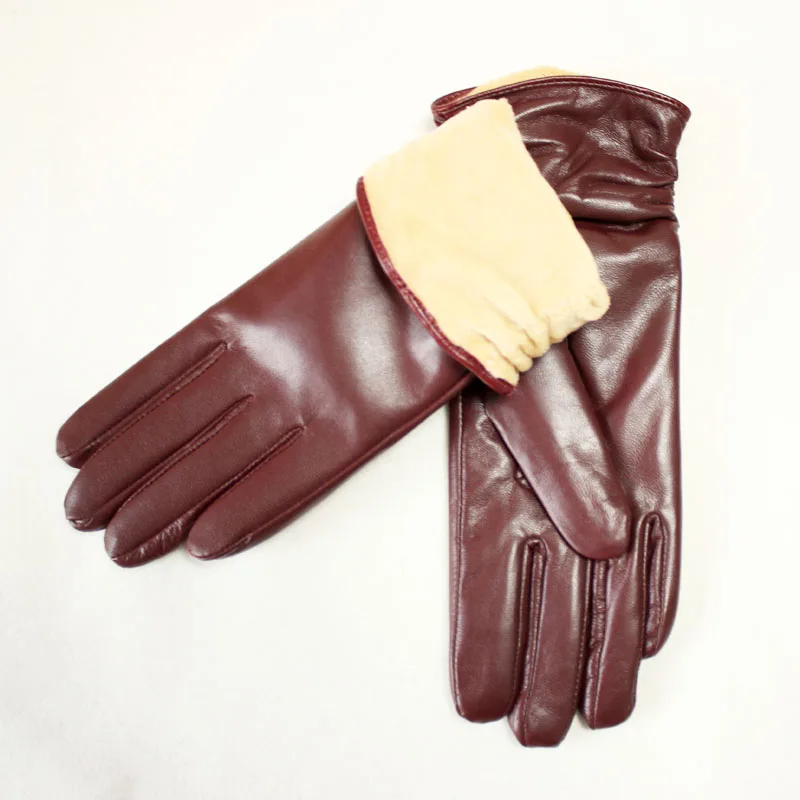 Sheepskin Leather Gloves Women's Fashion Elastic Style Velvet Lining to Keep Warm in Autumn and Winter Retro Color Points