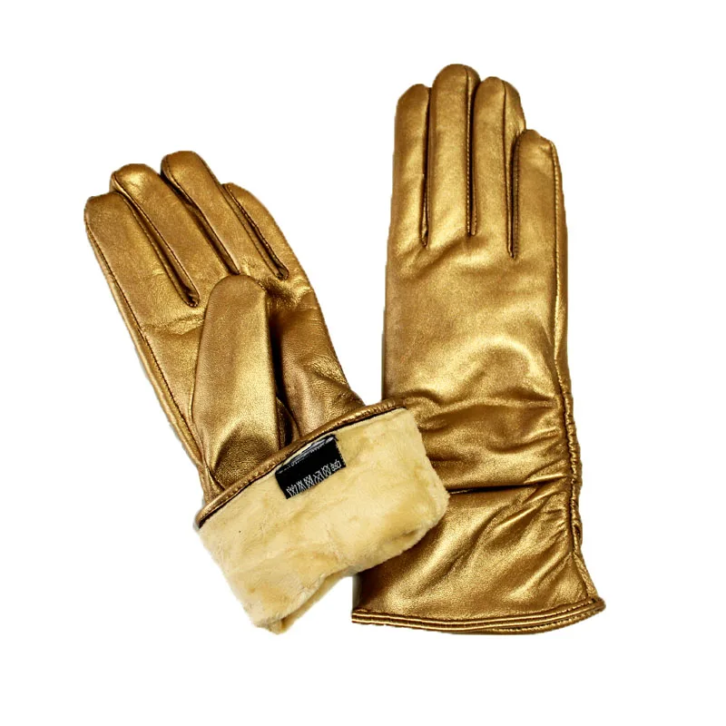Sheepskin Leather Gloves Women's Fashion Elastic Style Velvet Lining to Keep Warm in Autumn and Winter Retro Color Points