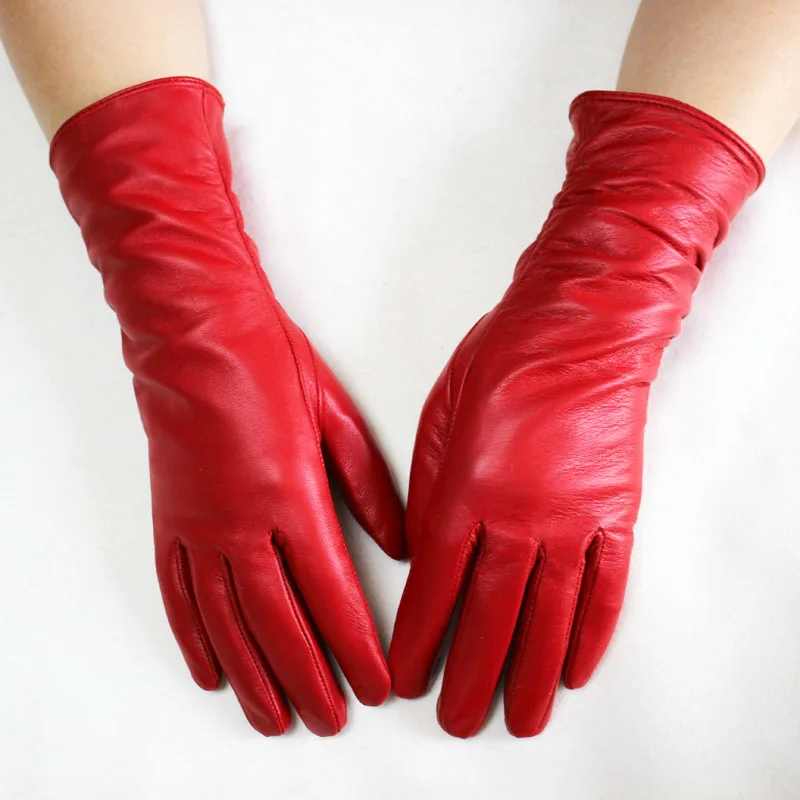 Sheepskin Leather Gloves Women's Fashion Elastic Style Velvet Lining to Keep Warm in Autumn and Winter Retro Color Points