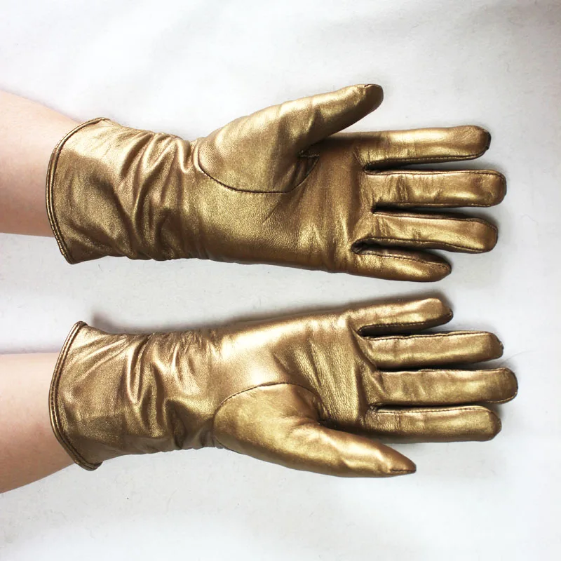 Sheepskin Leather Gloves Women's Fashion Elastic Style Velvet Lining to Keep Warm in Autumn and Winter Retro Color Points
