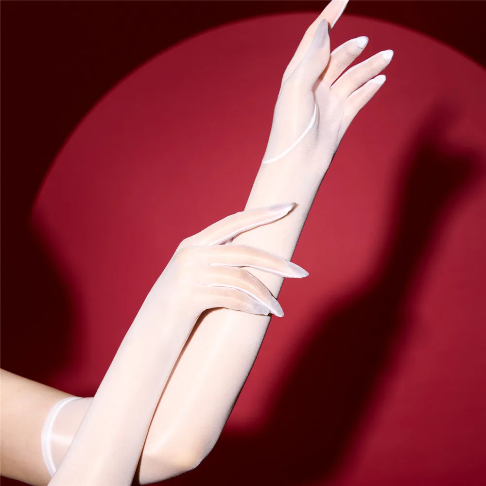 Sexy Women 1D Thin Glove Elastic Oil Glossy Shiny Long Finger Glove Sheer See Through Long Glove Driving Dance Gloves