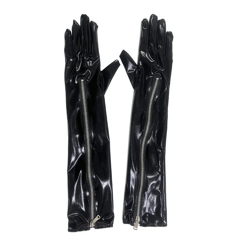 50cm Fashion Sexy Patent Leather Zipper Black Elbow Long Gloves Pole Dance Stage Performance Halloween Cosplay Women Gloves