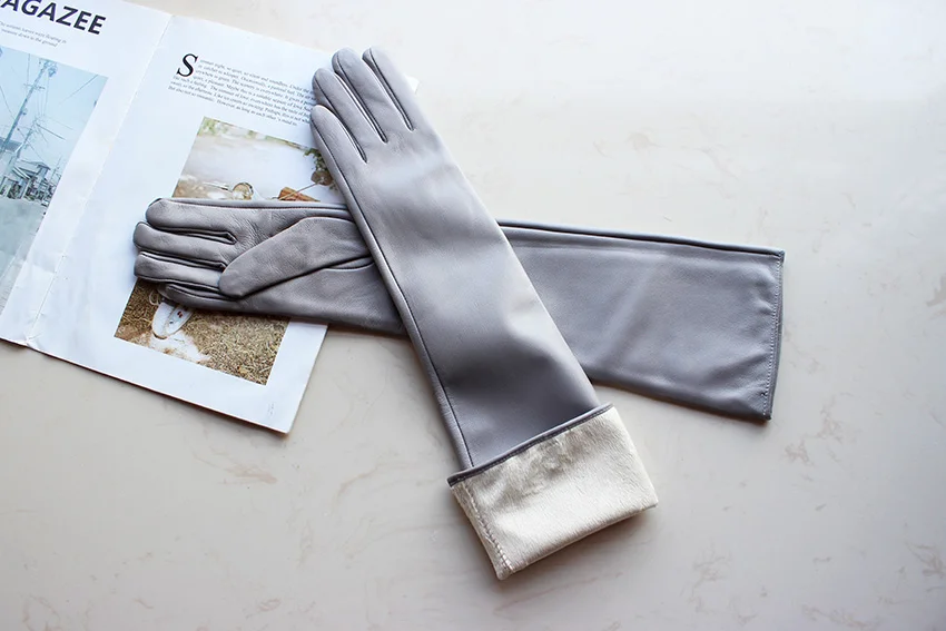 Women's Long Leather Gloves Colorful Sheepskin Velvet Lined Fashionable Warm Sunscreen Autumn Winter Gloves