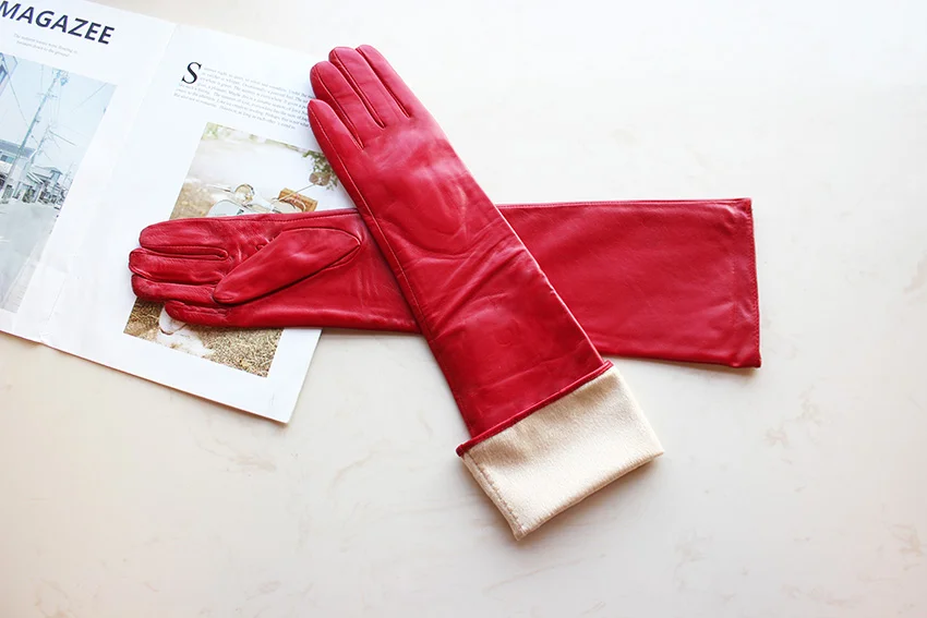 Women's Long Leather Gloves Colorful Sheepskin Velvet Lined Fashionable Warm Sunscreen Autumn Winter Gloves