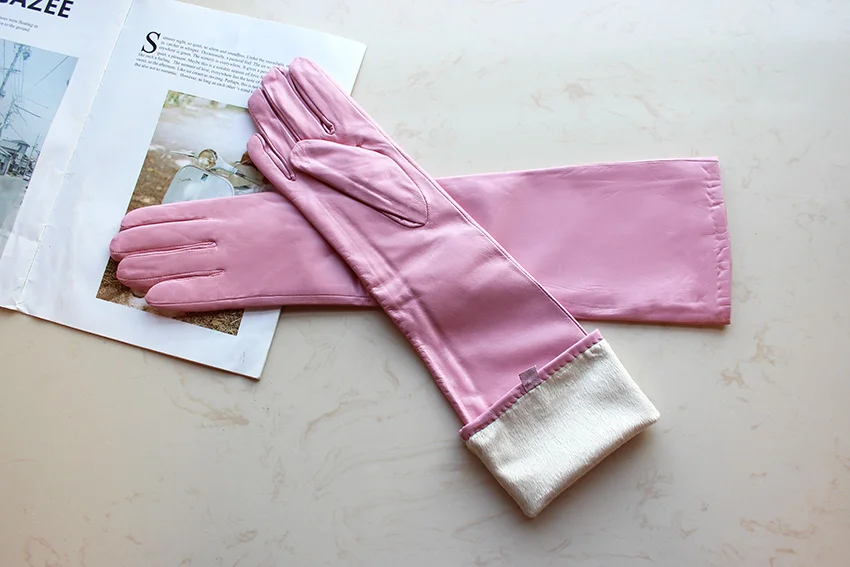 Women's Long Leather Gloves Colorful Sheepskin Velvet Lined Fashionable Warm Sunscreen Autumn Winter Gloves
