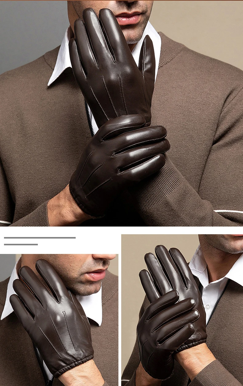 New 2022 Men Business Sheepskin Leather Gloves Winter Full Finger Touch Screen Brown Gloves Riding Motorcycle Gloves