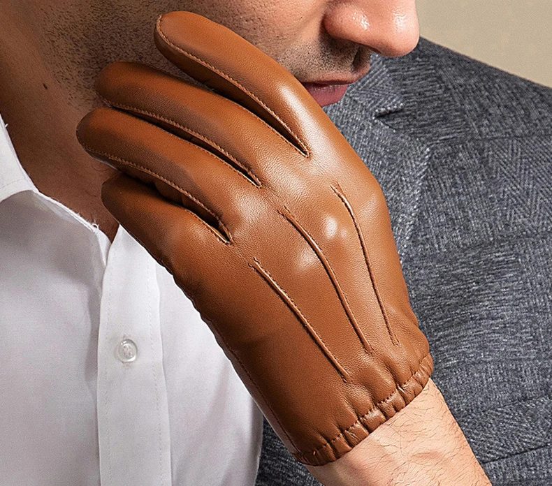 New 2022 Men Business Sheepskin Leather Gloves Winter Full Finger Touch Screen Brown Gloves Riding Motorcycle Gloves