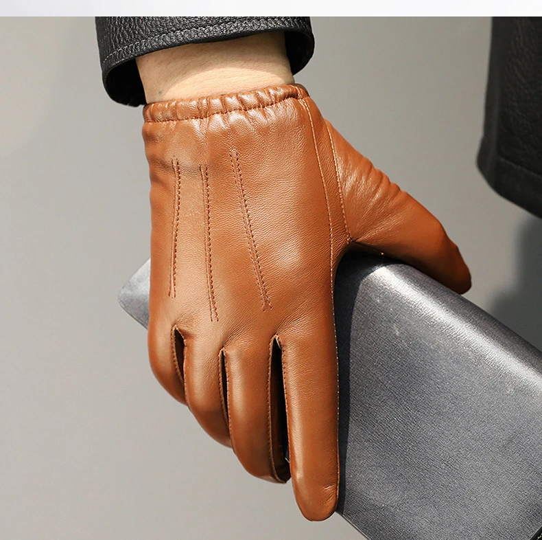 New 2022 Men Business Sheepskin Leather Gloves Winter Full Finger Touch Screen Brown Gloves Riding Motorcycle Gloves