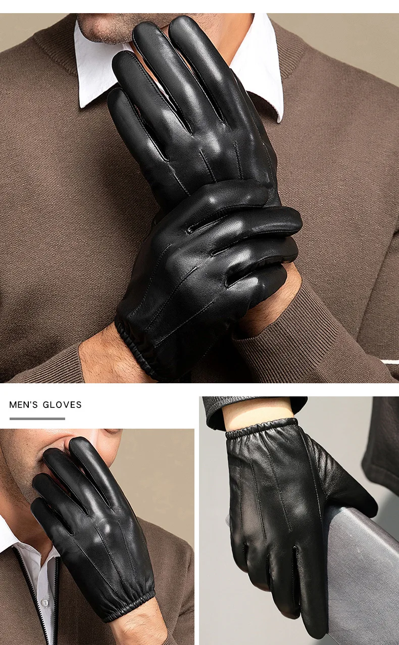 New 2022 Men Business Sheepskin Leather Gloves Winter Full Finger Touch Screen Brown Gloves Riding Motorcycle Gloves
